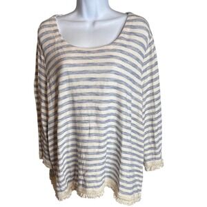 J‎ Jill Womens Striped Long Sleeve Cotton Sweater Sz 2X Fringe Trim Coastal Boho